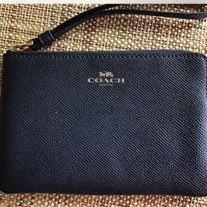Coach Midnight Blue Crossgrain Leather Corner Zip Wristlet Wallet